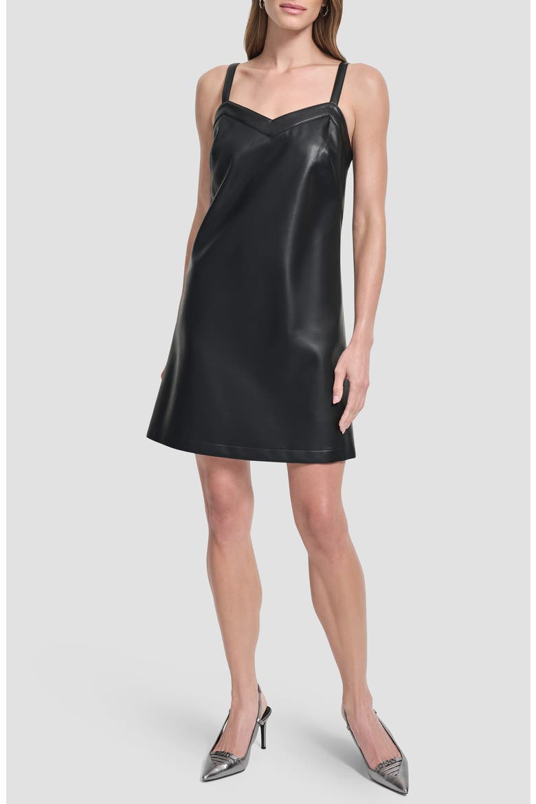 Sleeveless V-Neck Faux Leather Shift Dress, Main, color, BLACK