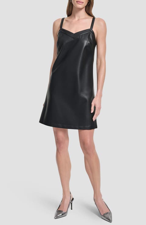 Sleeveless V-Neck Faux Leather Shift Dress