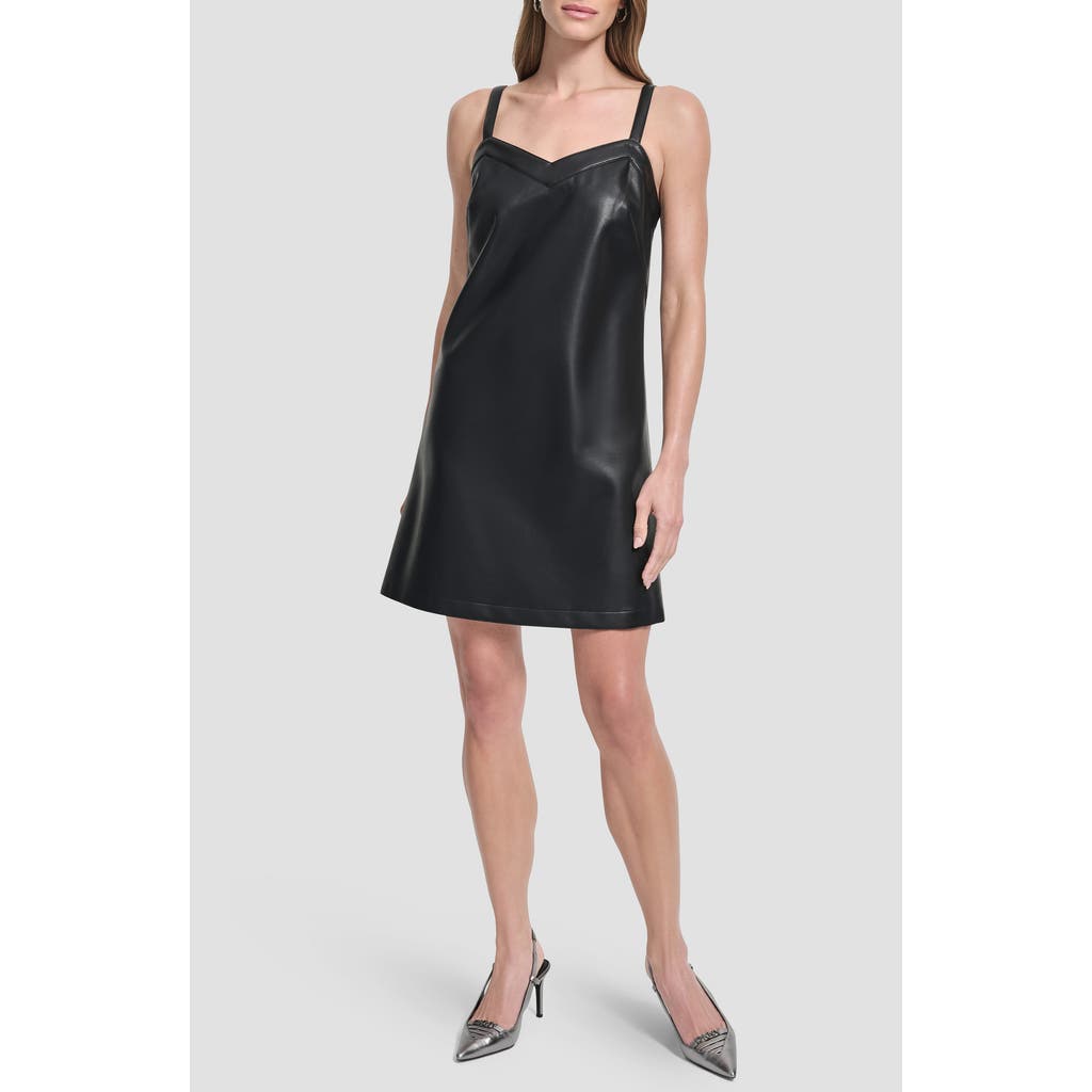 Dkny Sleeveless V-neck Faux Leather Shift Dress In Black