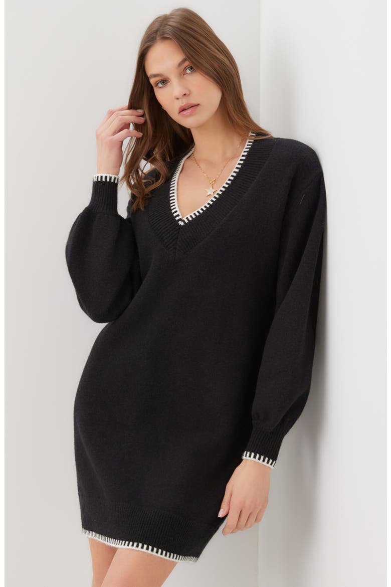 Varsity V-Neck Sweater Dress, Alternate, color, BLACK