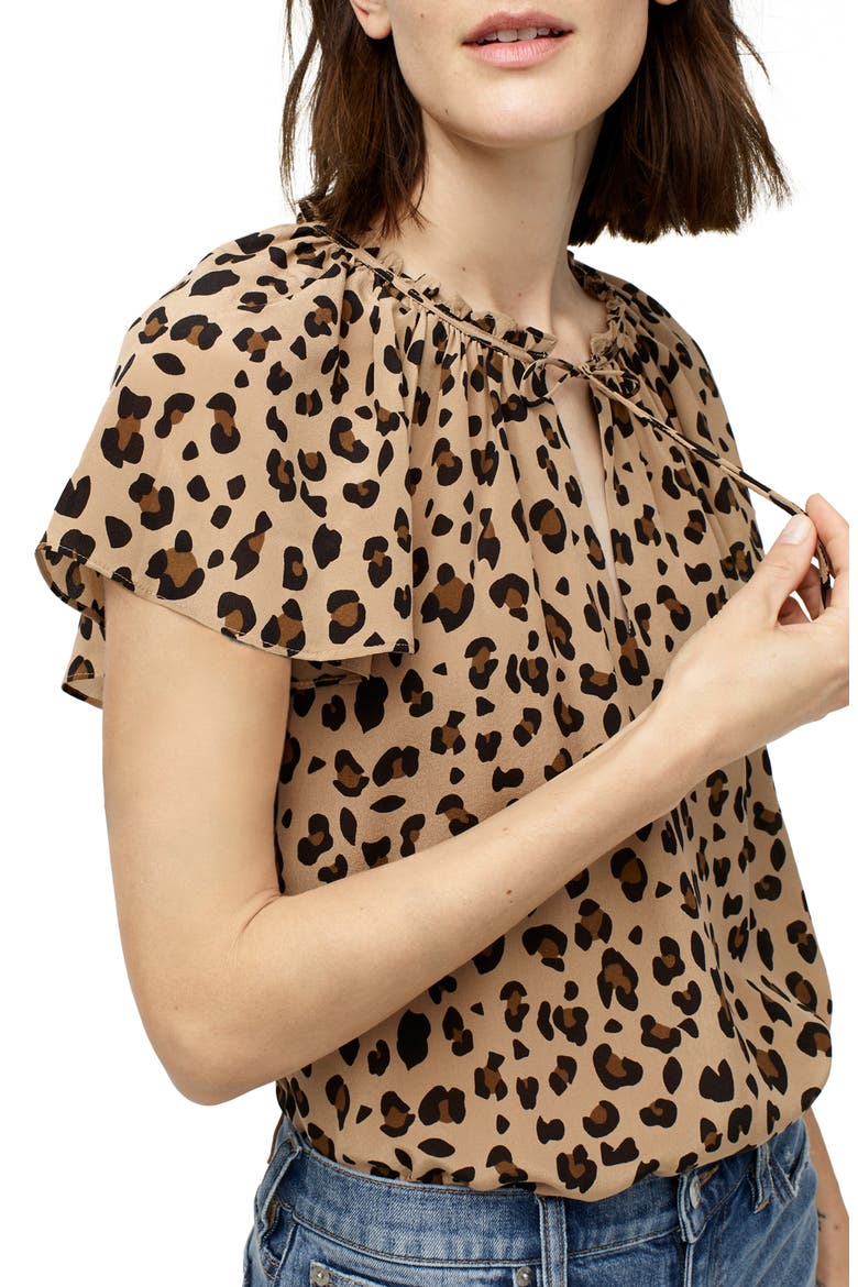 Leopard Print Silk Flutter Sleeve Top, Alternate, color, MOD NEUTRAL