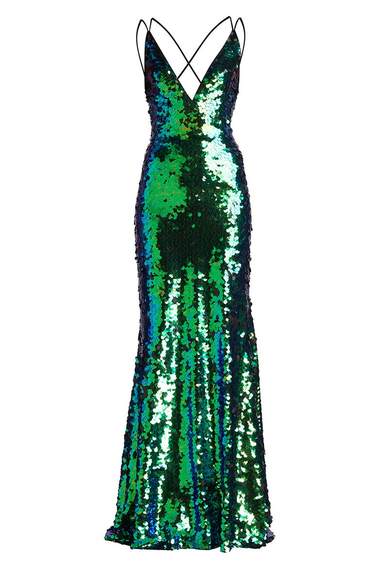 Sequin Strappy Mermaid Gown, Alternate, color, GREEN BLUE