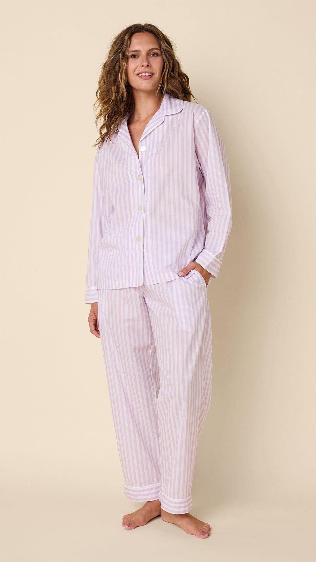 The Cat's Pajamas Luxe Pima Pajama Set in Classic Stripe Lavender 