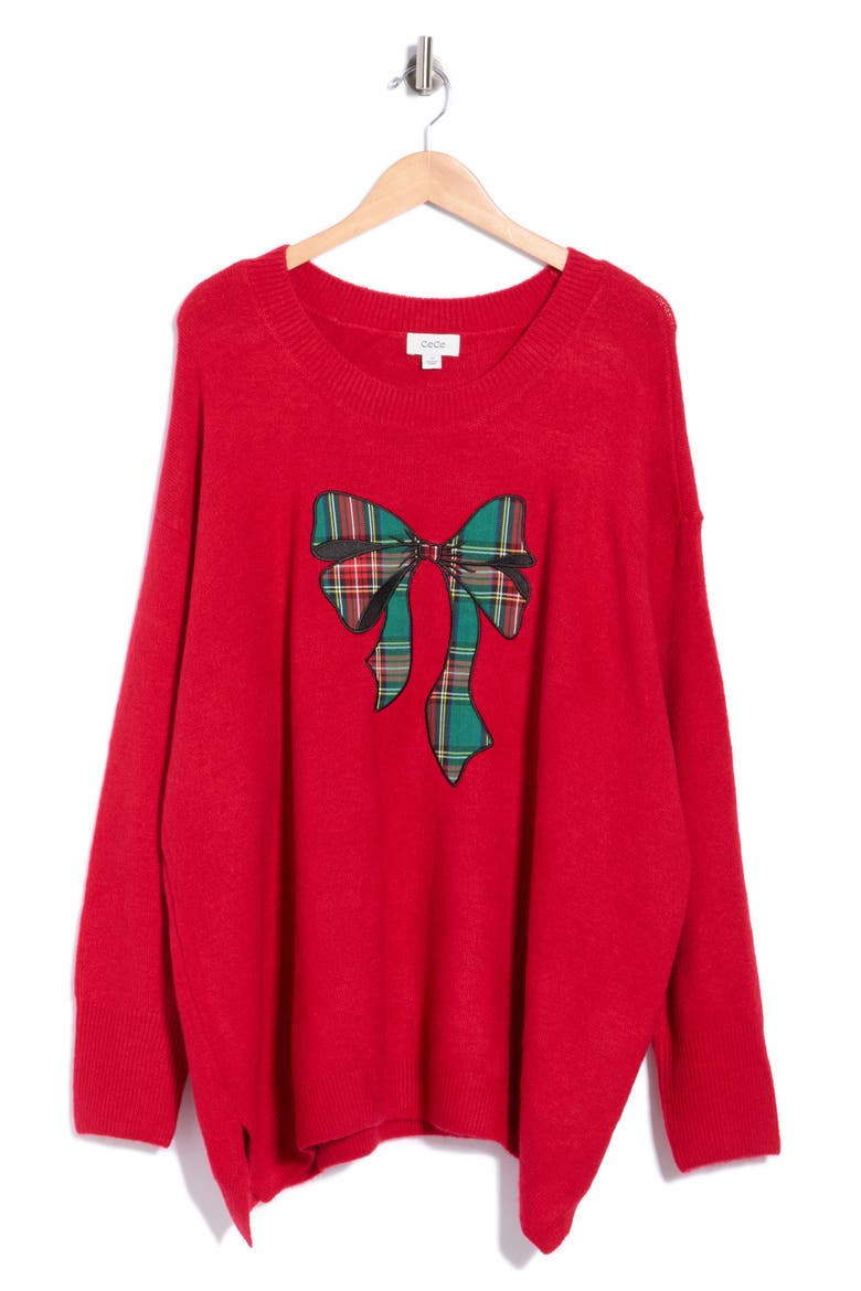 Tartan Bow Crewneck Sweater, Main, color, GLAMOUR RED