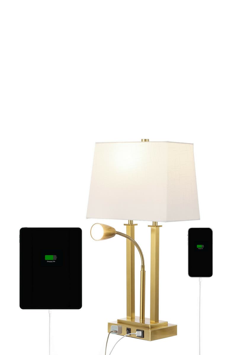 JONATHAN Y Blaire 23.75" 2-Light Modern Farmhouse Metal LED Table Lamp with USB Charging port, Main, color, Brass Gold
