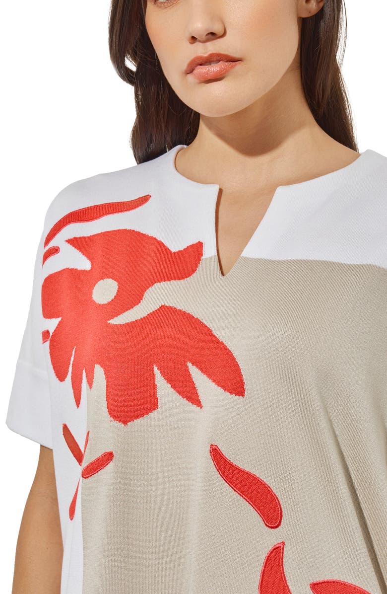 Ming Wang Placed Floral Short Sleeve Sweater, Alternate, color, Flamenco/ Limestone/ White