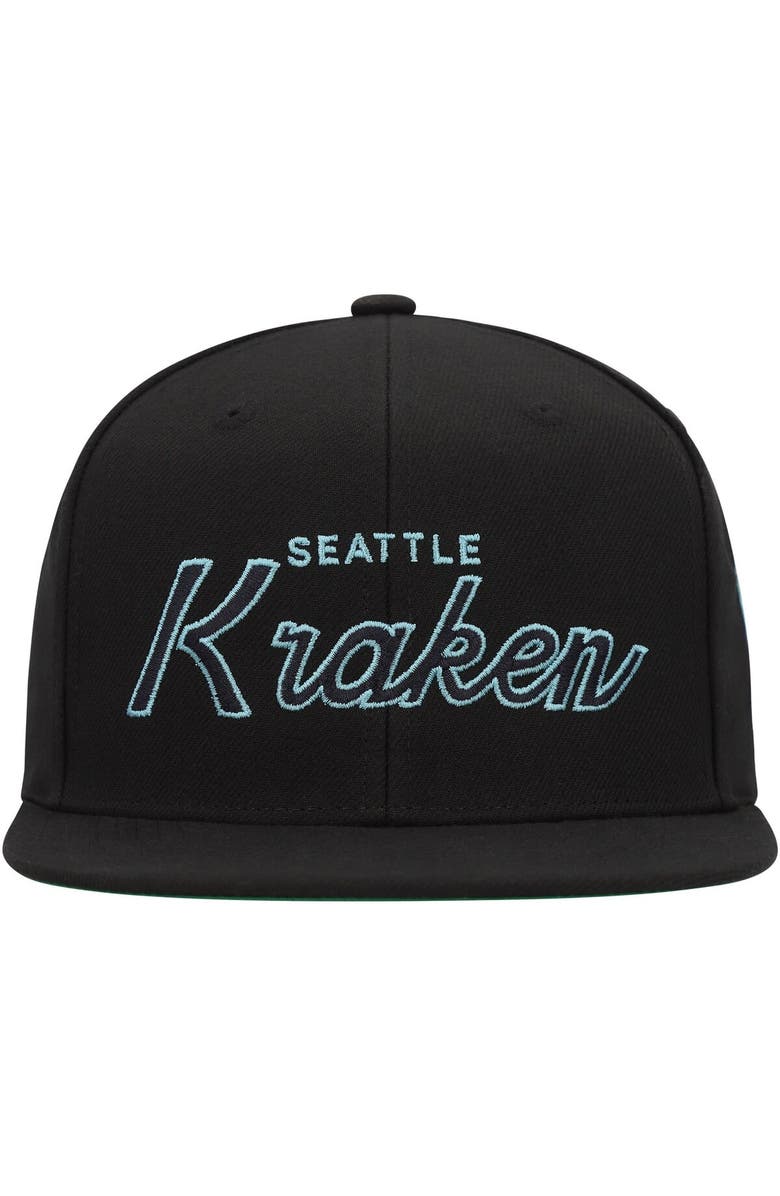Mitchell & Ness Men's Mitchell & Ness Black Seattle Kraken Core Team Script 2.0 Snapback Hat, Alternate, color, Black