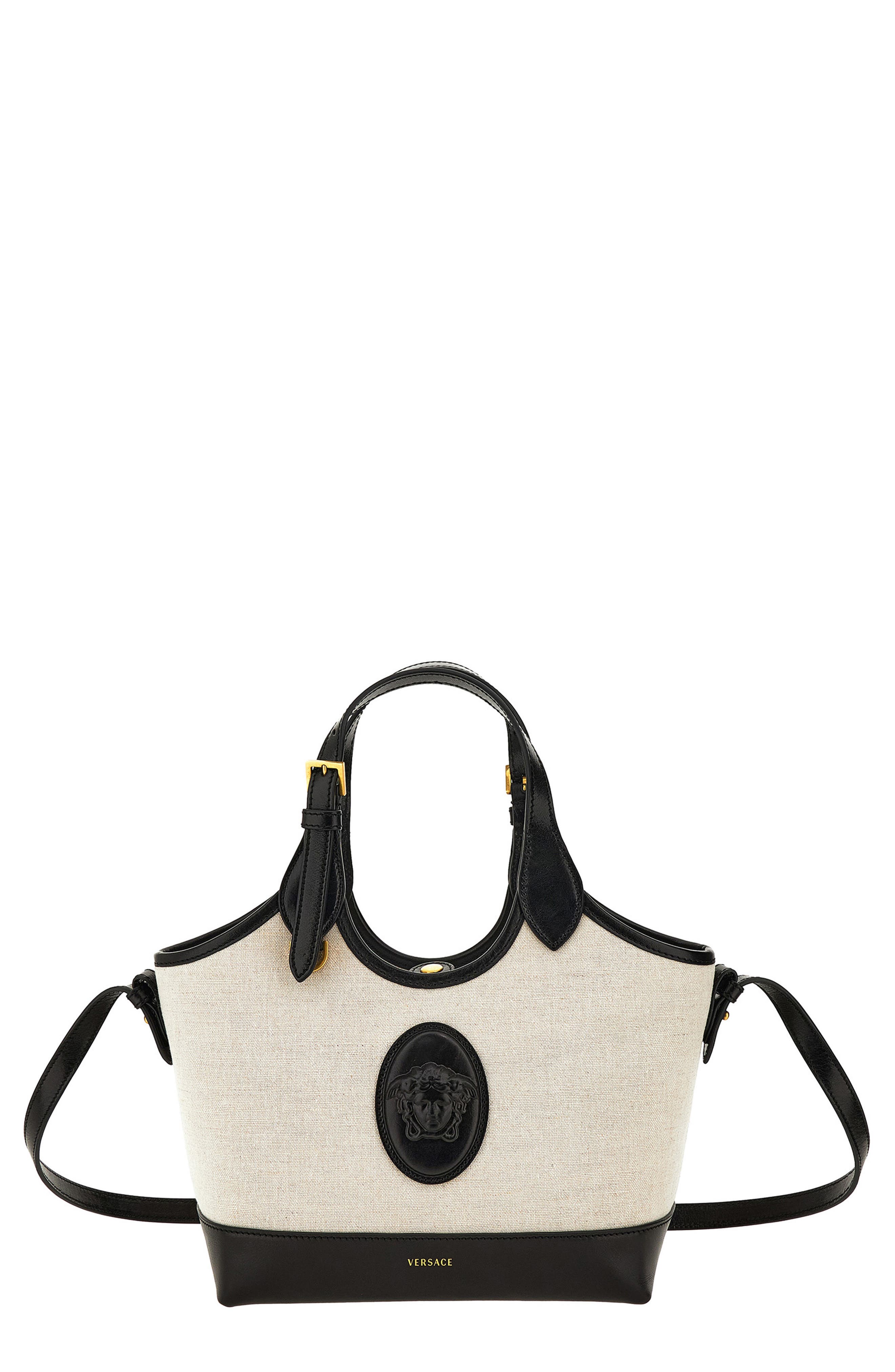 Versace Small La Medusa Canvas & Leather Tote, Main, color, Beige Black-Gold 82