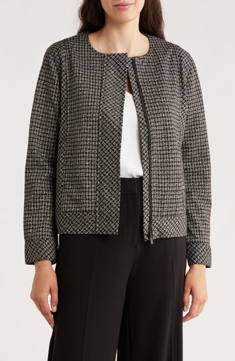 Collarless Zip Up Tweed Jacket