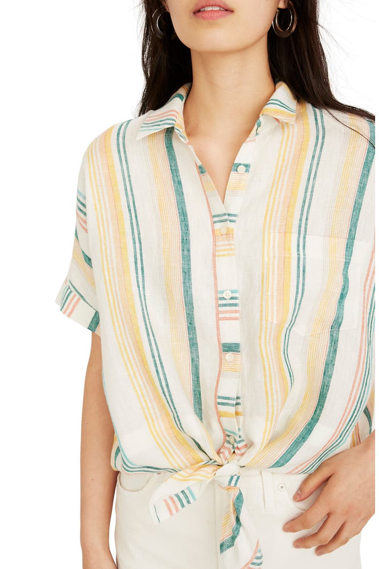 Pineapple Stripe Linen Tie Front Shirt, Alternate, color, PALE PARCHMENT CARNIVAL STRIPE