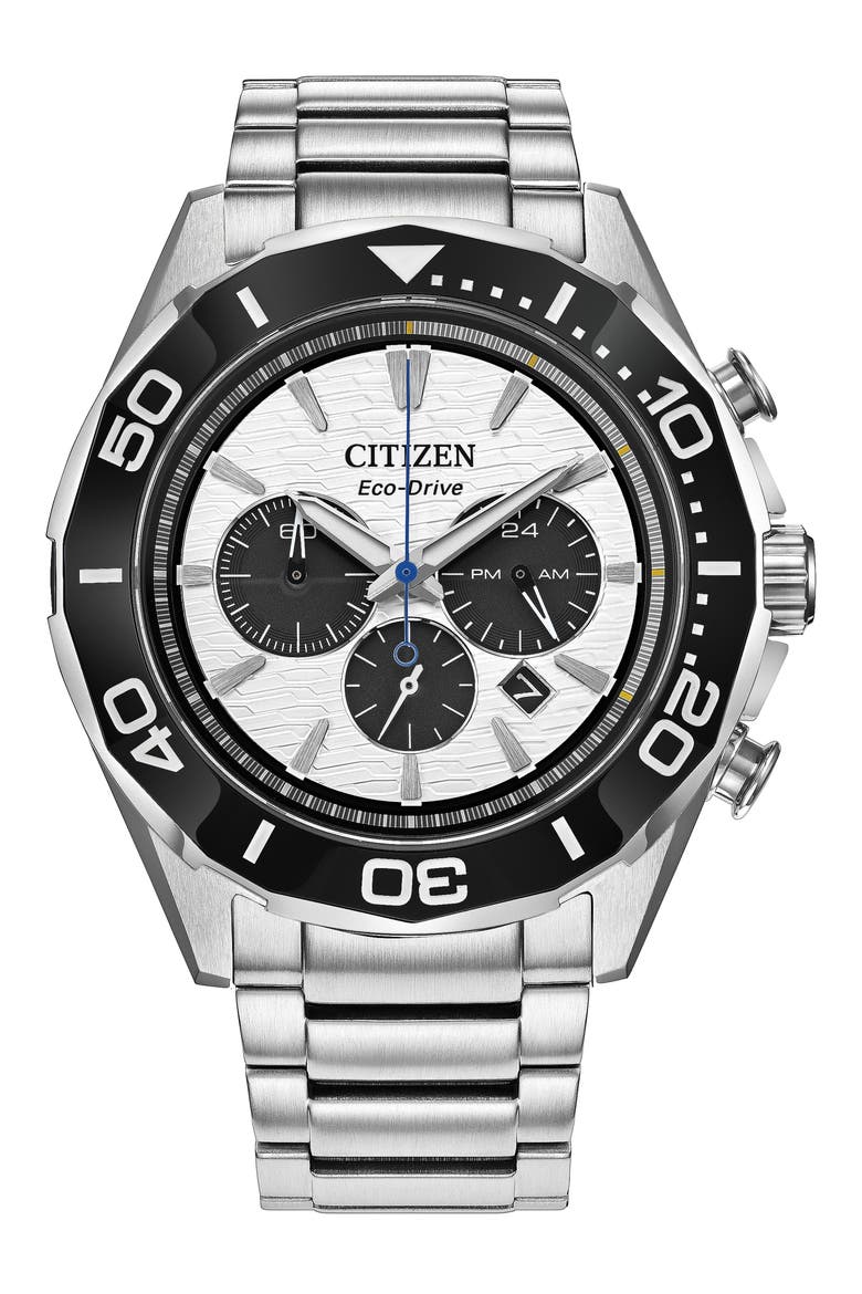 Endeavor Eco-Drive Chronograph Bracelet Watch, 43mm, Main, color, BLACK/ SILVER-TONE