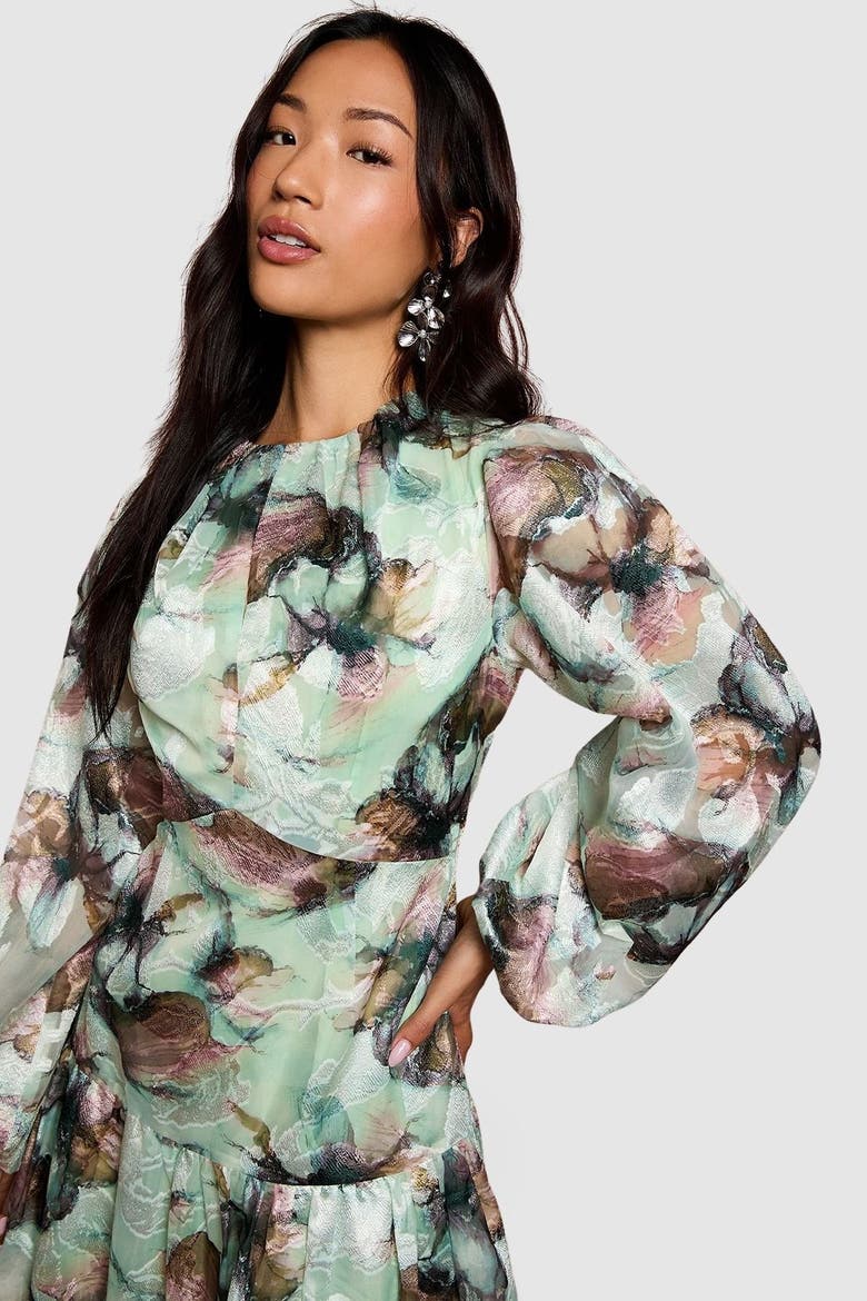 Puff Sleeve Jacquard Midaxi Dress, Alternate, color, Sage