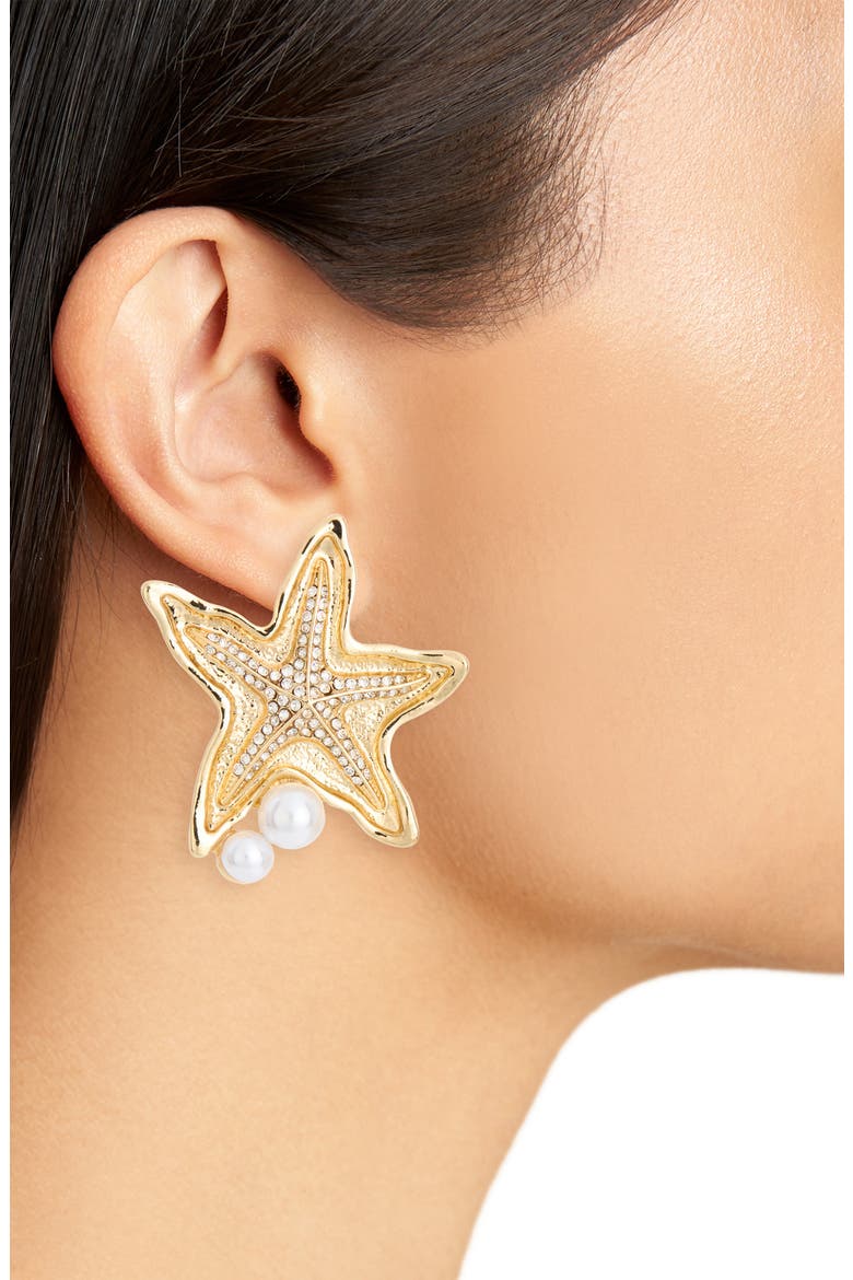 Faux Pearl Starfish Stud Earrings, Alternate, color, GOLD/ PEARL