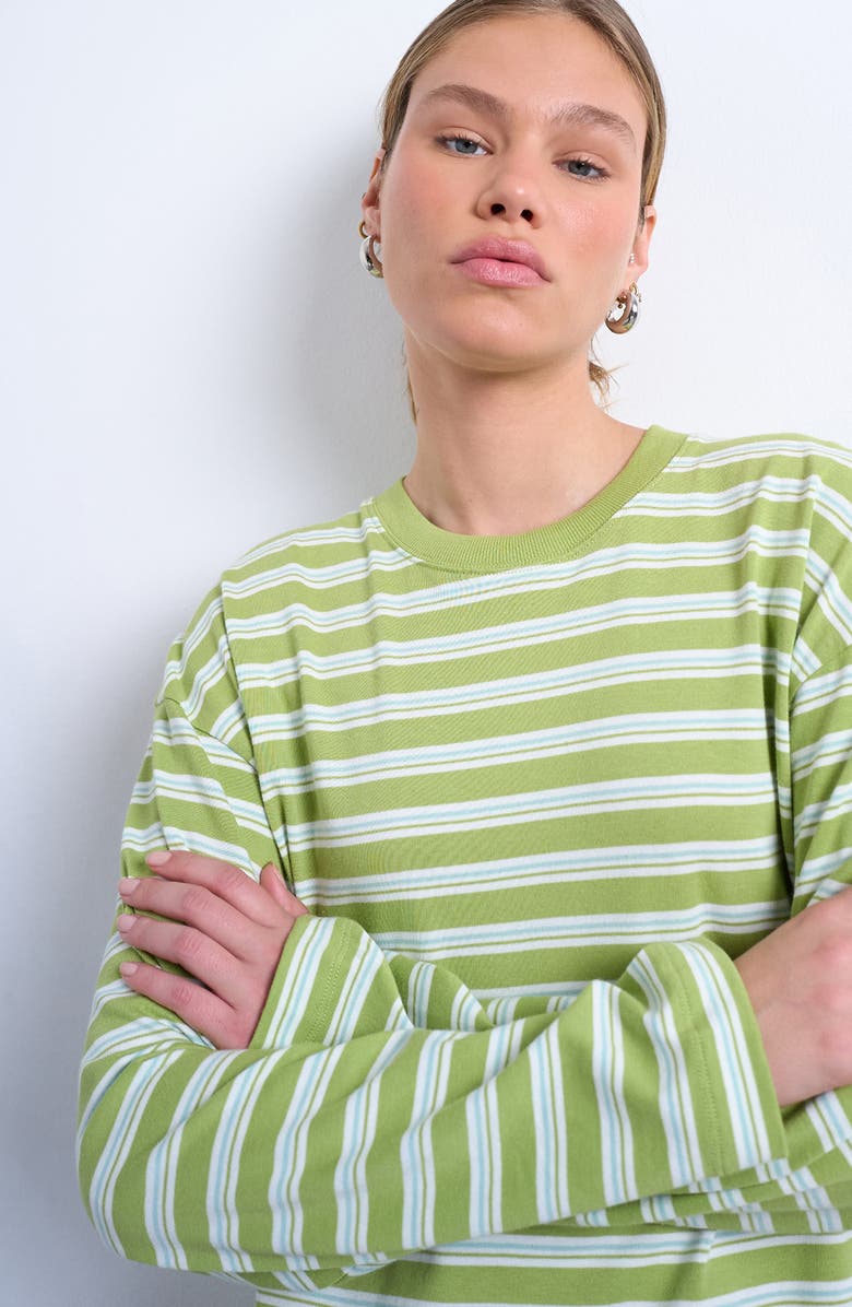 Topshop Skater Stripe Oversize Long Sleeve Cotton T-Shirt, Alternate, color, Mint Green