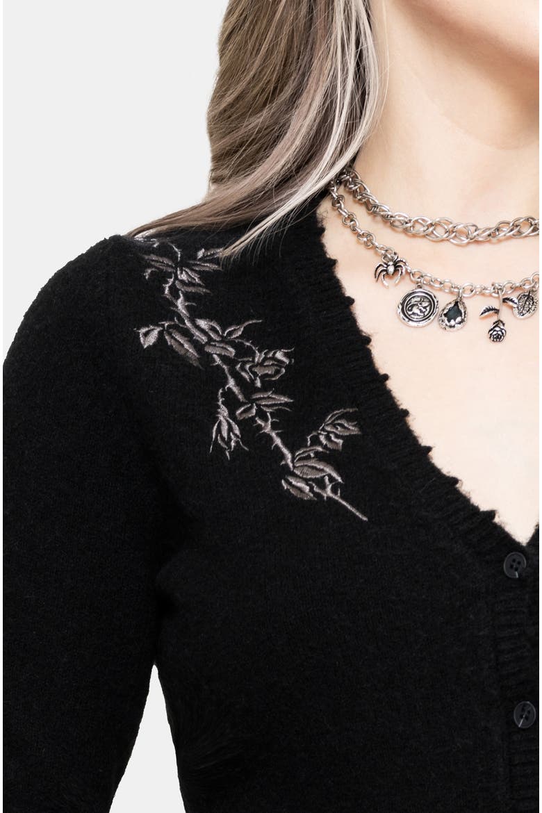 Rime Embroidered V-neck Fitted Cardigan, Alternate, color, Black