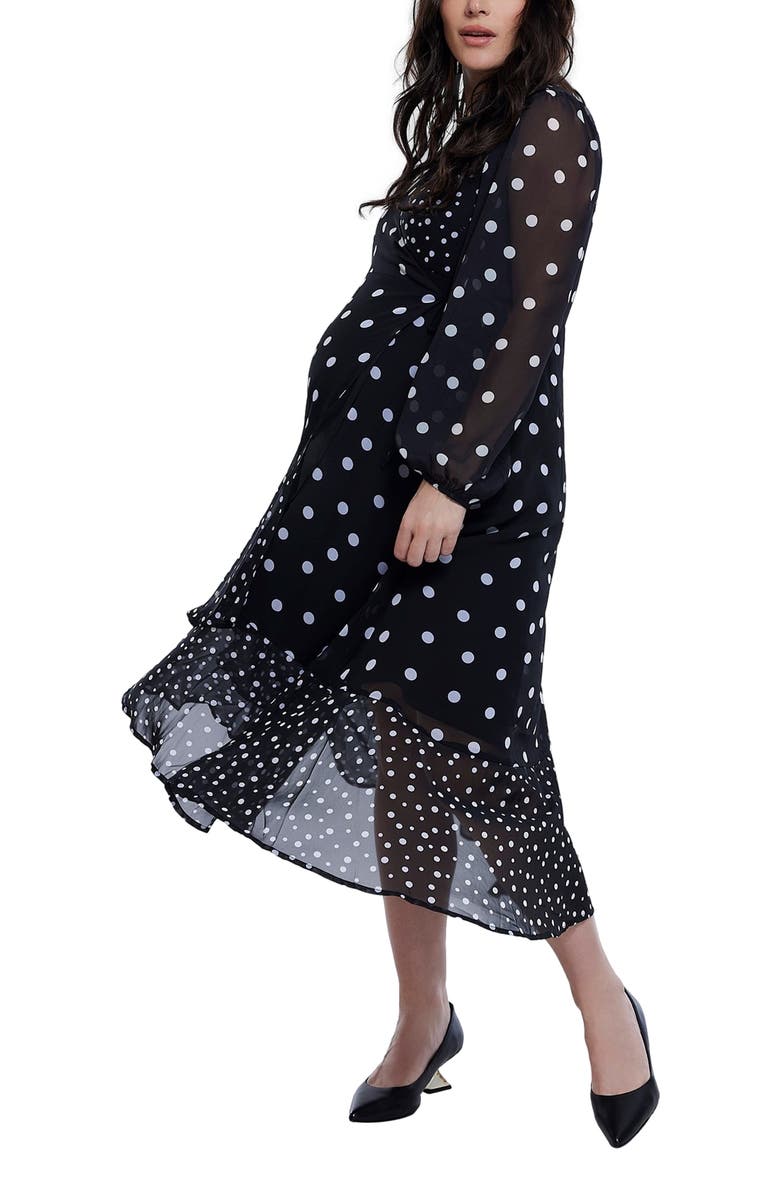 MOTHERHOOD MATERNITY Woven Wrap Long Sleeve Midi Dress, Main, color, Mixed Dot