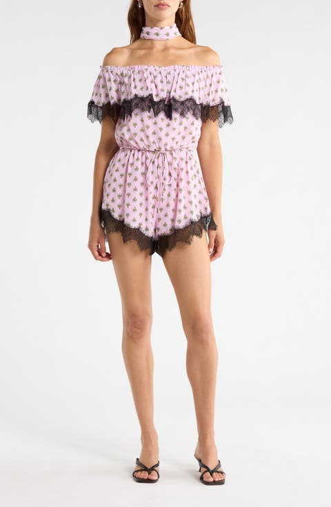 Emun Crocus Scarf Print Off the Shoulder Romper with Removable Scarf
