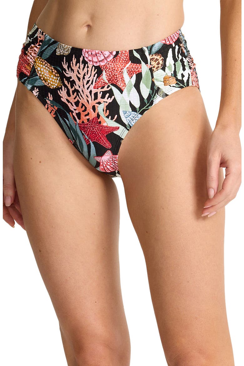 Shell Sands Shirred UPF 50+ Bikini Bottoms, Main, color, BLACK