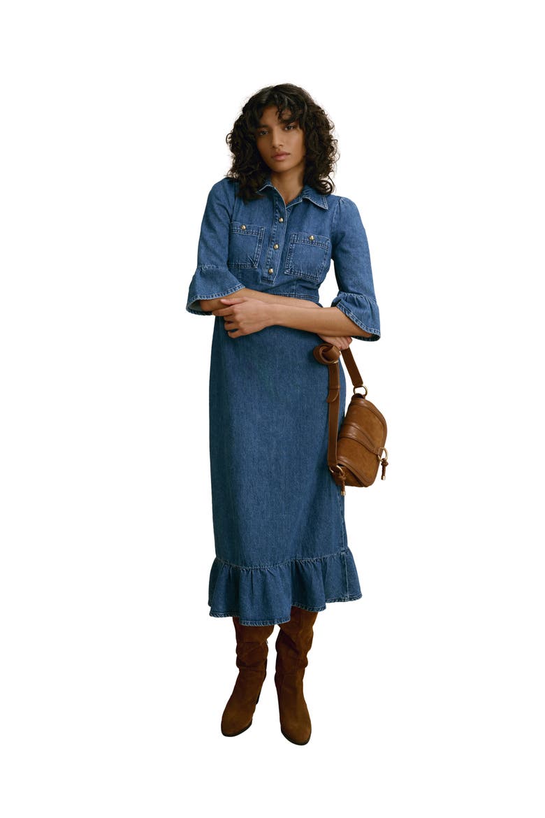 Ruffle Hem Denim Midi Dress, Main, color, Blue