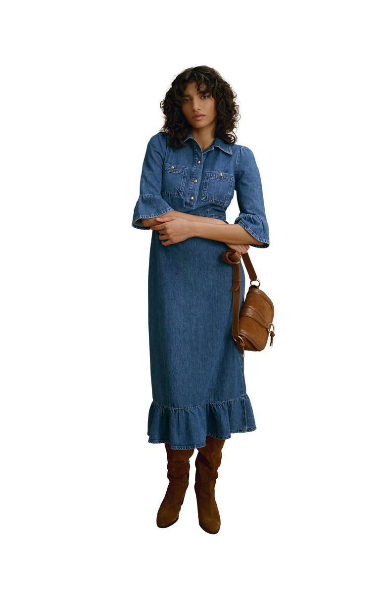 MINT VELVET Ruffle Hem Denim Midi Dress, Main, color, Blue