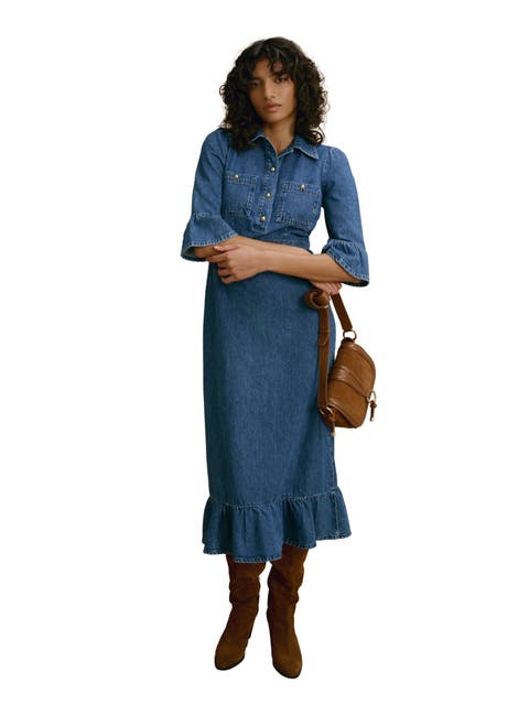 Ruffle Hem Denim Midi Dress