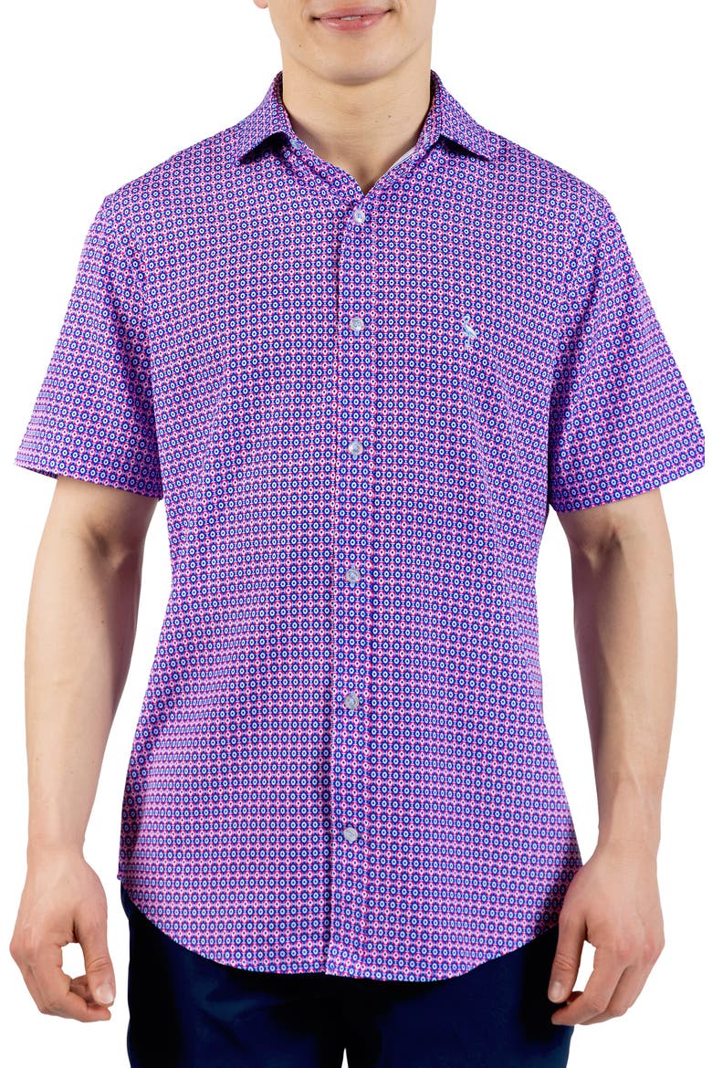 Moroccan Tile Short Sleeve Button-Up Shirt, Main, color, PINK