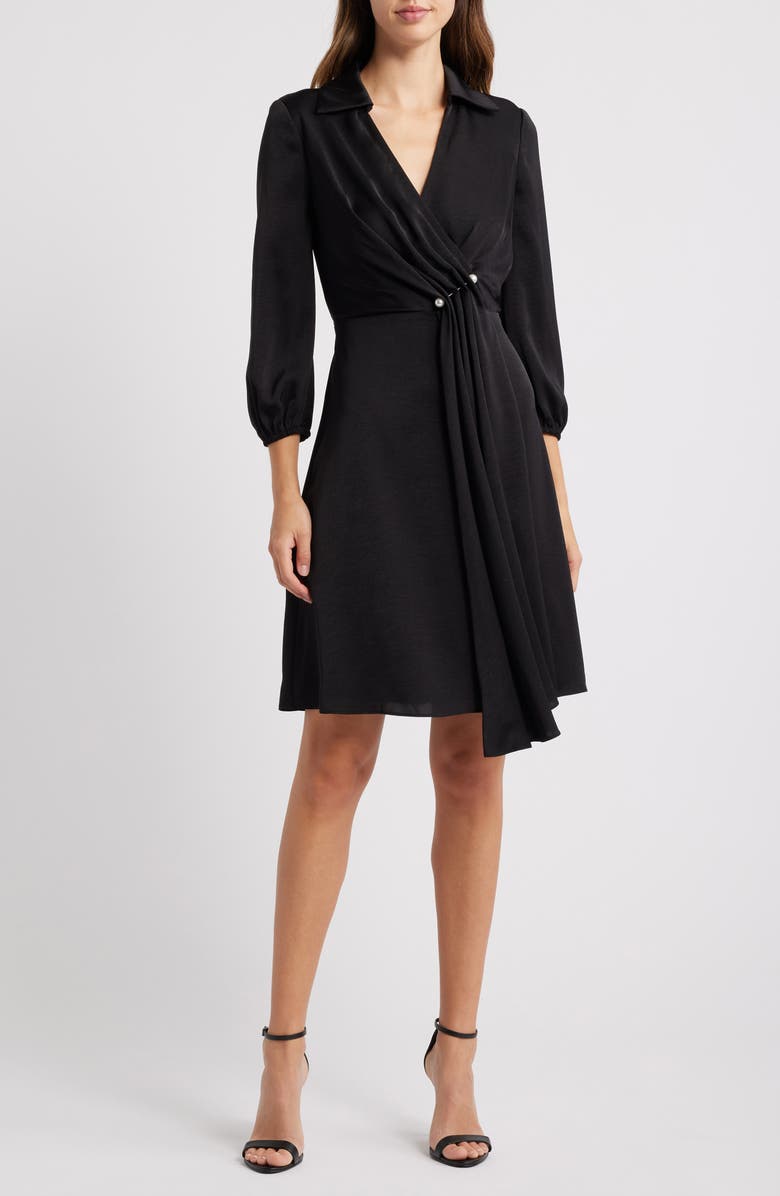 Vince Camuto Faux Pearl Clasp Detail Satin Shirtdress, Main, color, 