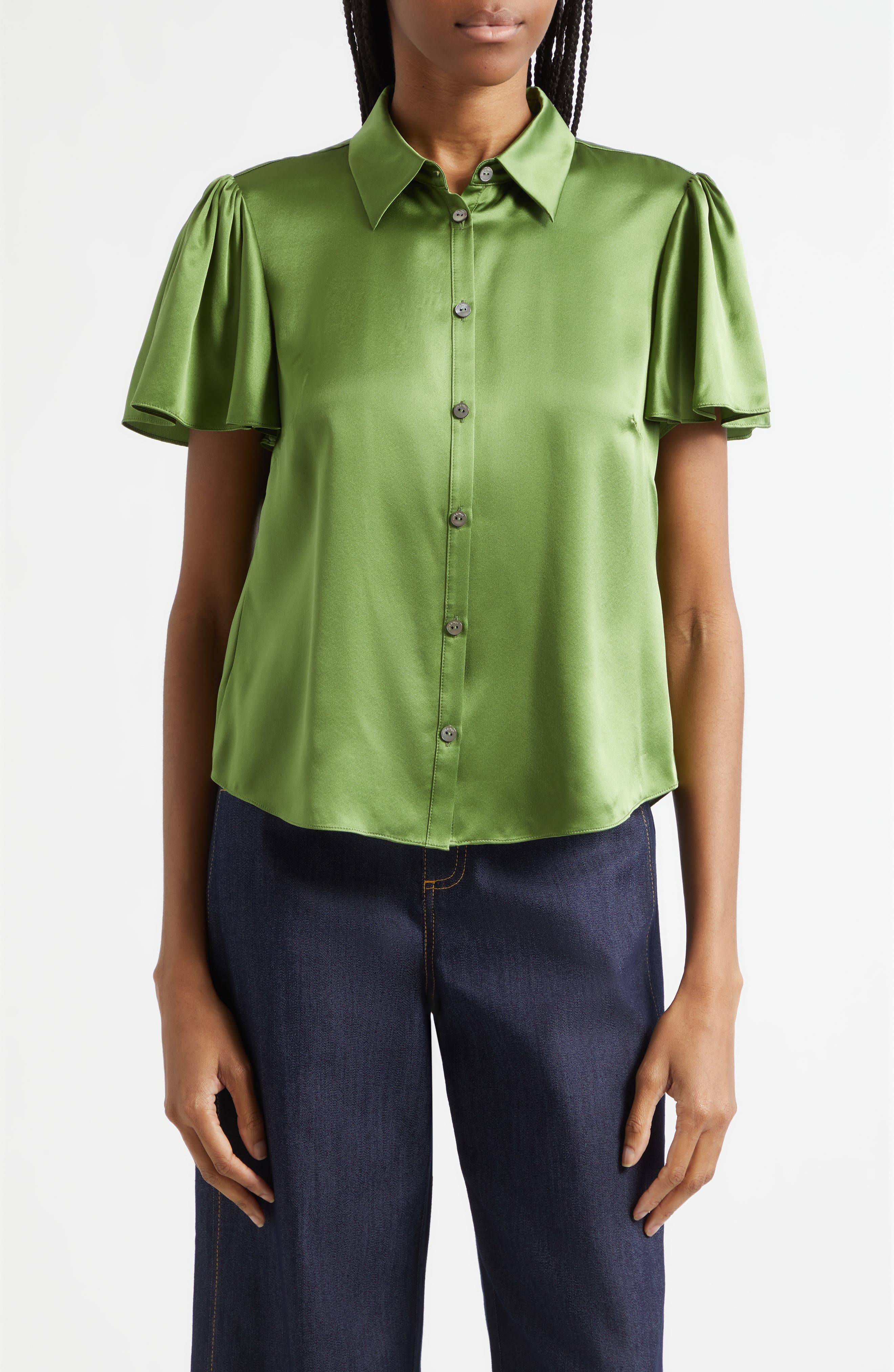 Fiona Flutter Sleeve Silk Satin Button-Up Shirt