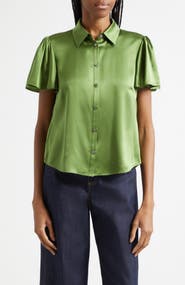 Cinq à Sept Fiona Flutter Sleeve Silk Satin Button-Up Shirt