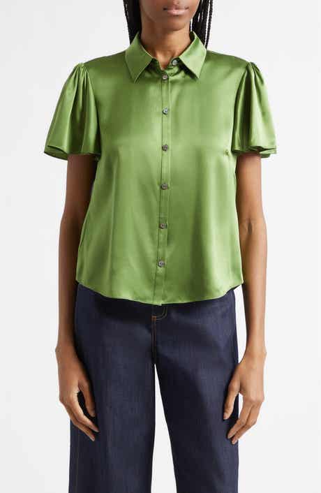 Fiona Flutter Sleeve Silk Satin Button-Up Shirt