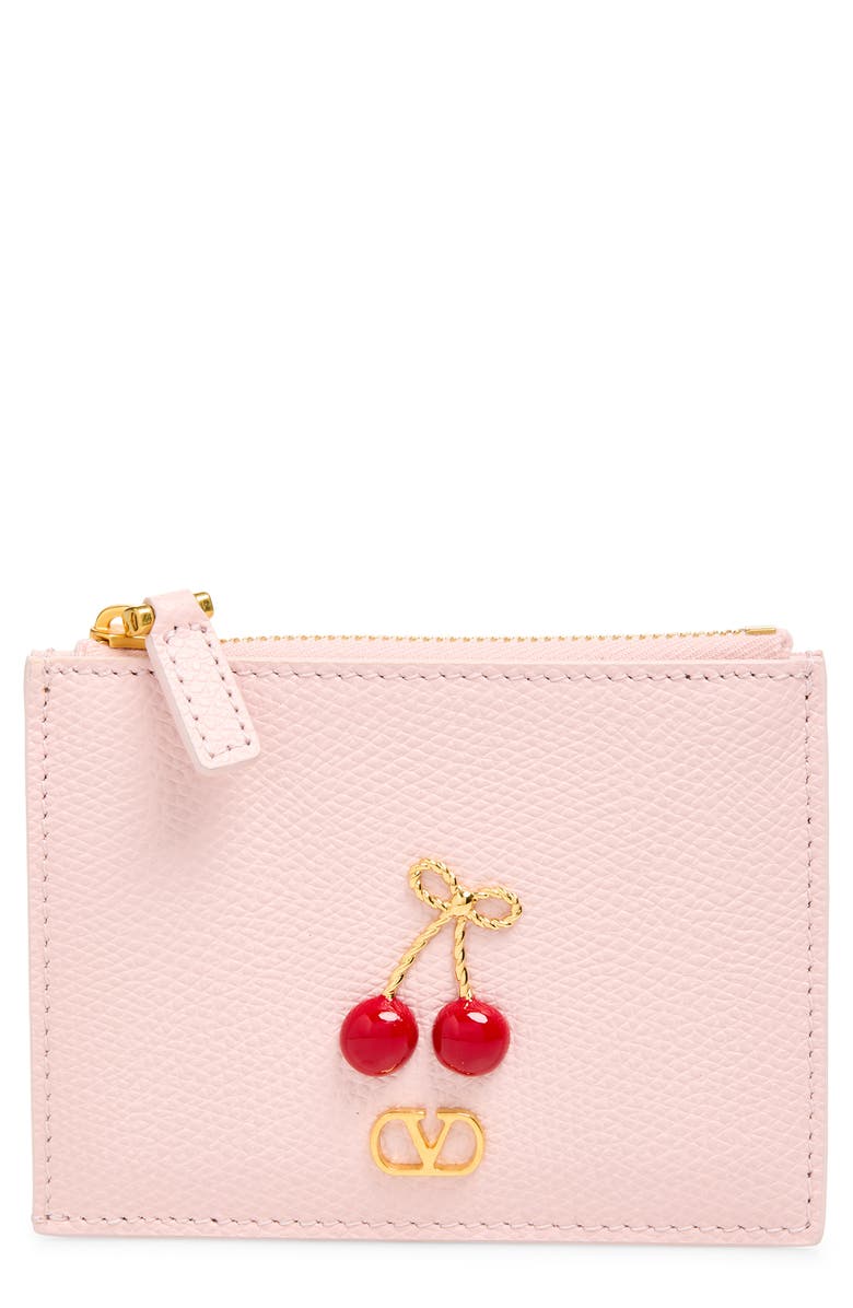 Valentino Garavani Cherryfic Leather Card Case, Main, color, Rose Quartz