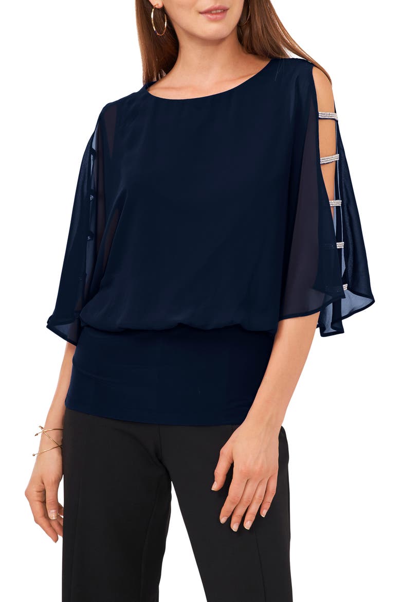 Split Sleeve Rhinestone Blouse, Main, color, JBS NAVY