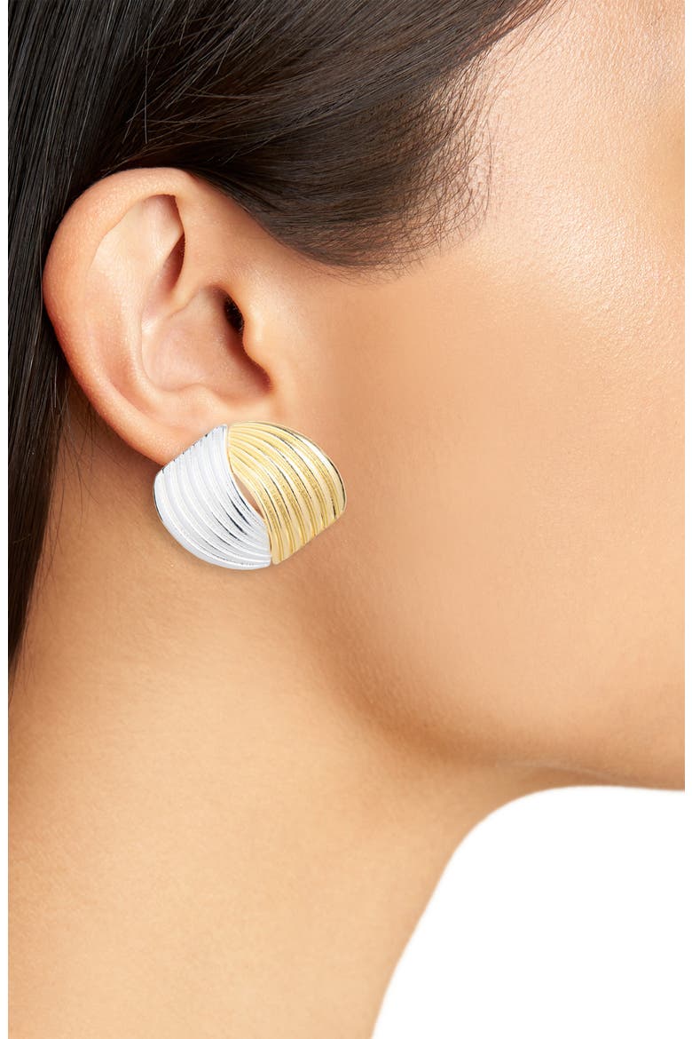 Two-Tone Button Earrings, Alternate, color, GOLD/ SILVER