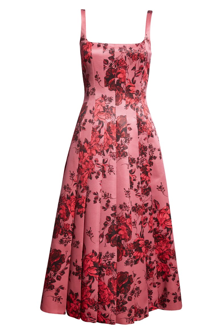 Adele Rose Print Pleated Taffeta Faille Fit & Flare Midi Dress, Alternate, color, MAUVE PINK FESTIVE BOUQUET