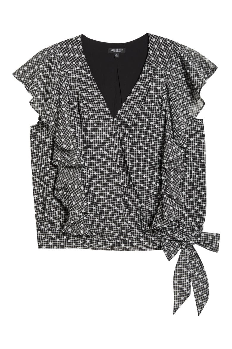 Plaid Swiss Dot Flutter Sleeve Ruffle Top, Alternate, color, BLACK/ WHITE PLAID