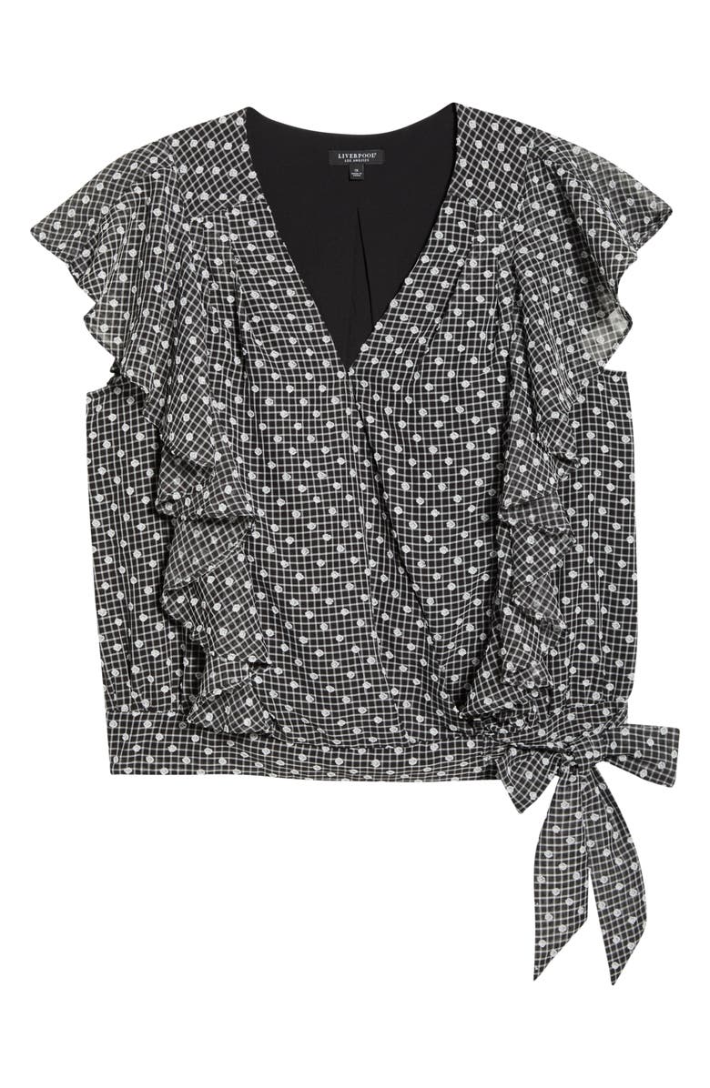 Liverpool Plaid Swiss Dot Flutter Sleeve Ruffle Top, Main, color, Black/ White Plaid