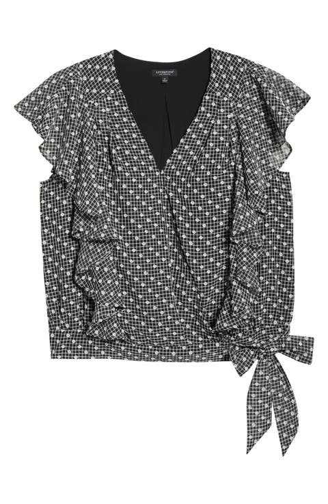 Plaid Swiss Dot Flutter Sleeve Ruffle Top (Plus)