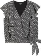 Liverpool Plaid Swiss Dot Flutter Sleeve Ruffle Top