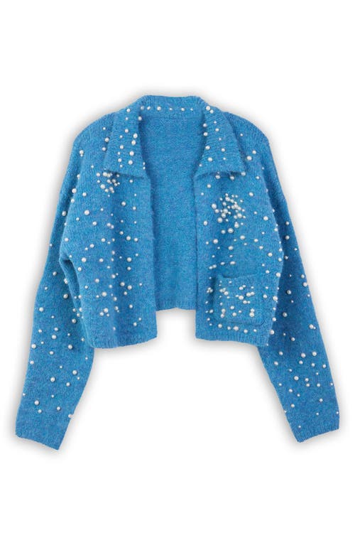 Saachi Faux Pearl Bead Open Front Cardigan In Blue