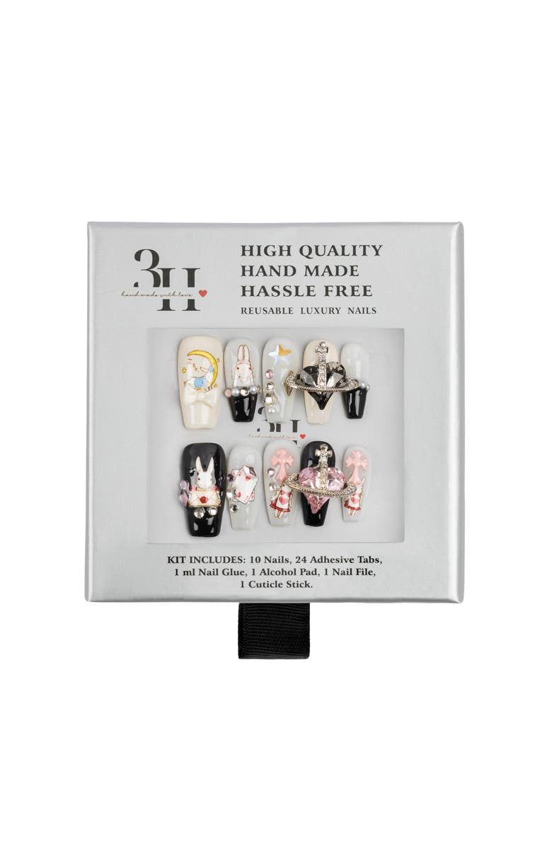 3H Nails Whimsical Charm Luxury Handmade Press On Nails, Main, color, Black, White