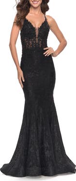 La Femme Exquisite Mermaid Lace Gown with Beaded Sheer Bodice