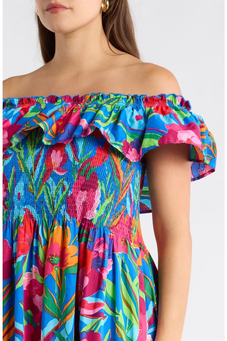 Naima Floral Off the Shoulder Smocked Midi Dress, Alternate, color, COBALT-PINK-MULTI