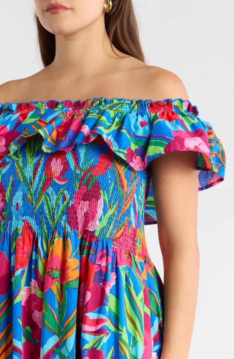 SUGARLIPS Naima Floral Off the Shoulder Smocked Midi Dress, Alternate, color, Cobalt-Pink-Multi