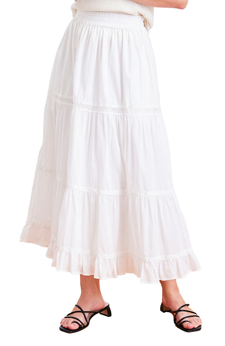 Paneros Clothing Colette Lace Inset Tiered Midi Skirt, Main, color, Off White