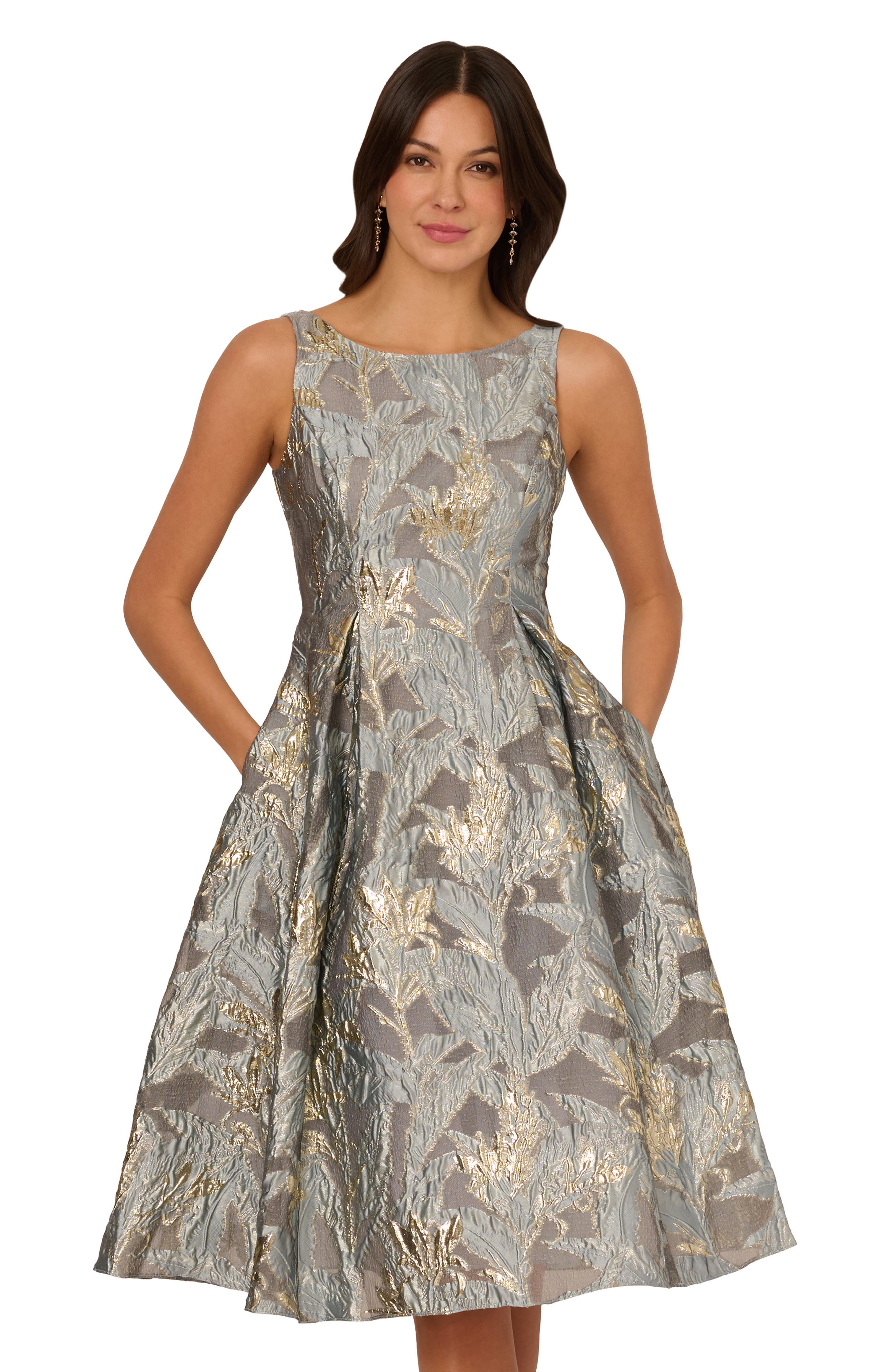 adrianna papell metallic jacquard fit & flare dress Metallic Leaf Jacquard Fit & Flare Cocktail Dress (Women)