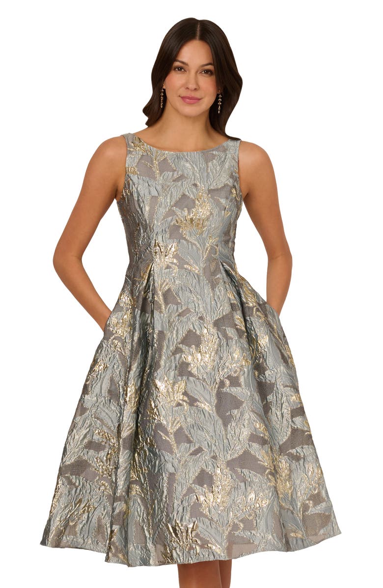 Adrianna Papell Metallic Leaf Jacquard Fit & Flare Cocktail Dress, Alternate, color, Slate