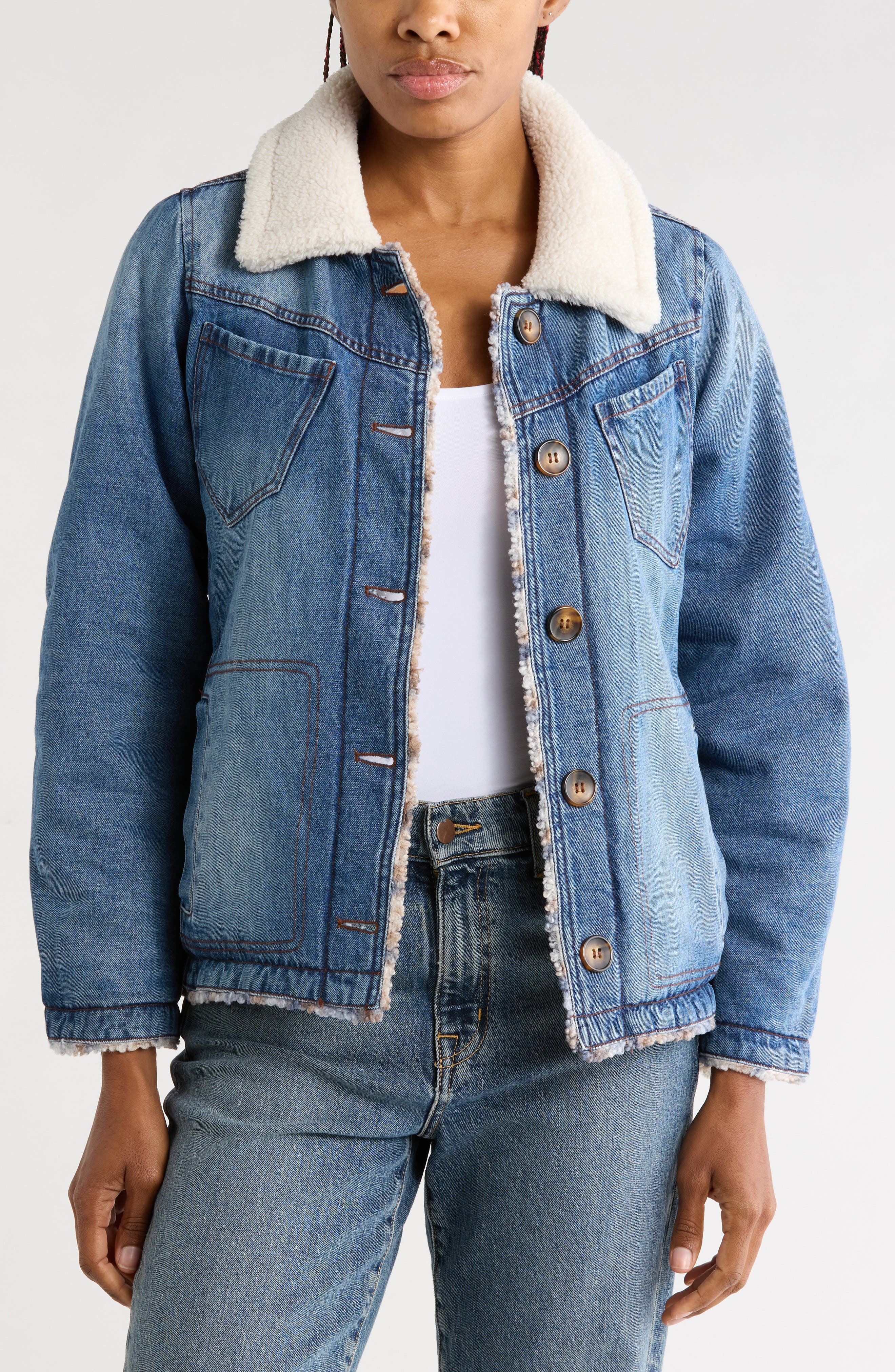 Reversible Faux Shearling Collar Denim Jacket