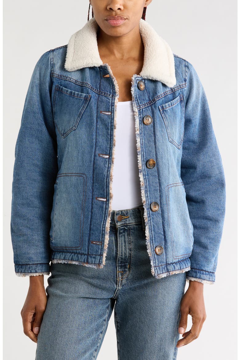 Reversible Faux Shearling Collar Denim Jacket, Main, color, MEDIUM INDIGO
