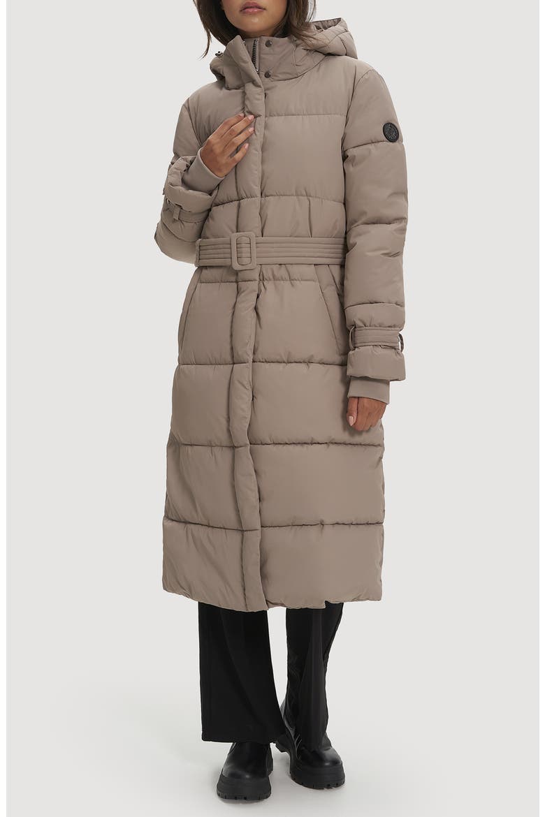 Mara Belted Maxi Puffer Coat with Removable Hood, Main, color, BONE
