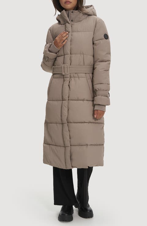 Mara Belted Maxi Puffer Coat with Removable Hood